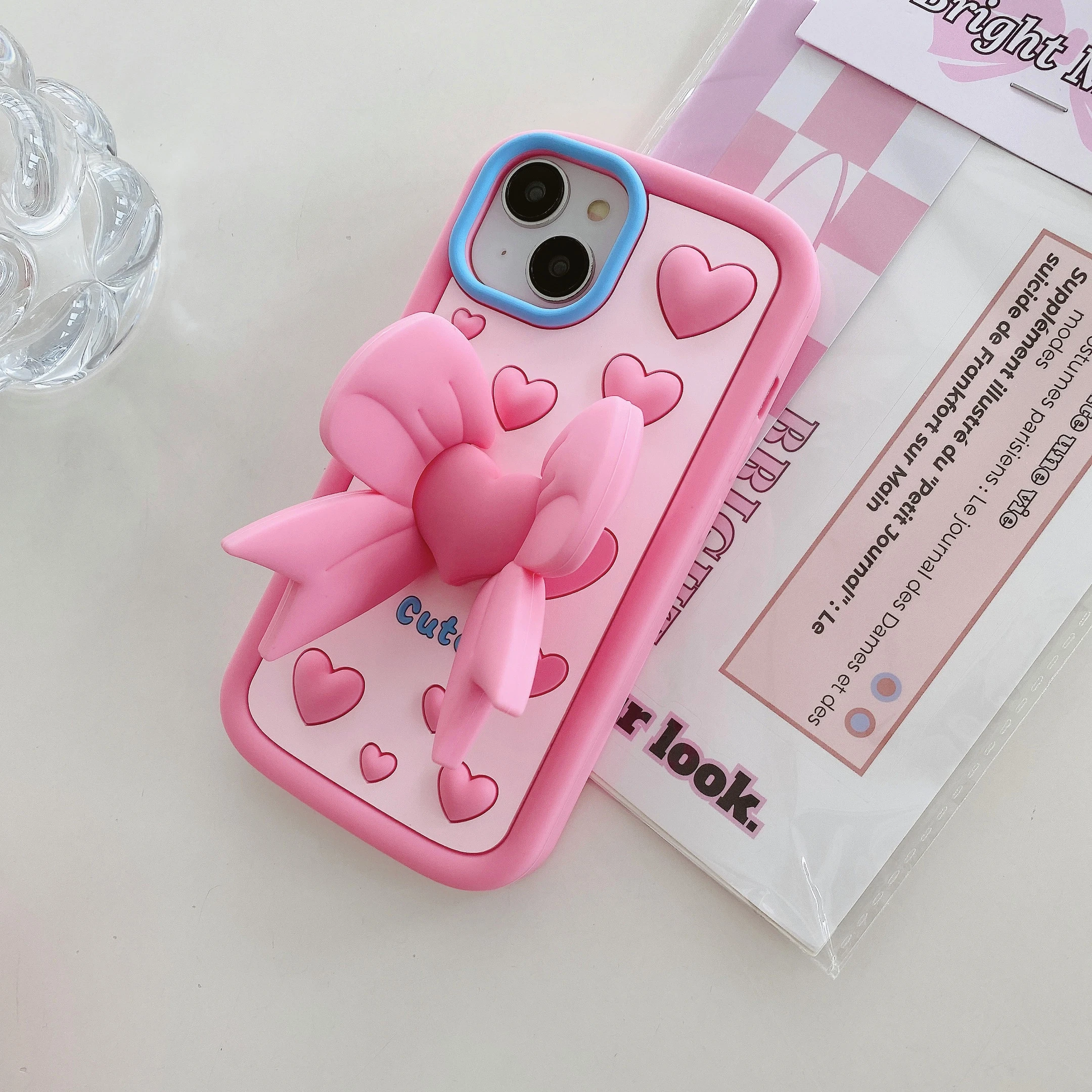 3D Cute Bowknot Folding Bracket Kickstand Soft Silicone Phone Case for iPhone 11 12 13 14 15 Pro Max Heart New Year Cover Shell