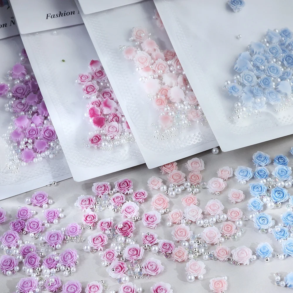 30-Piece Pink Rose 3D Nail Rhinestone and Pearl Charms Set