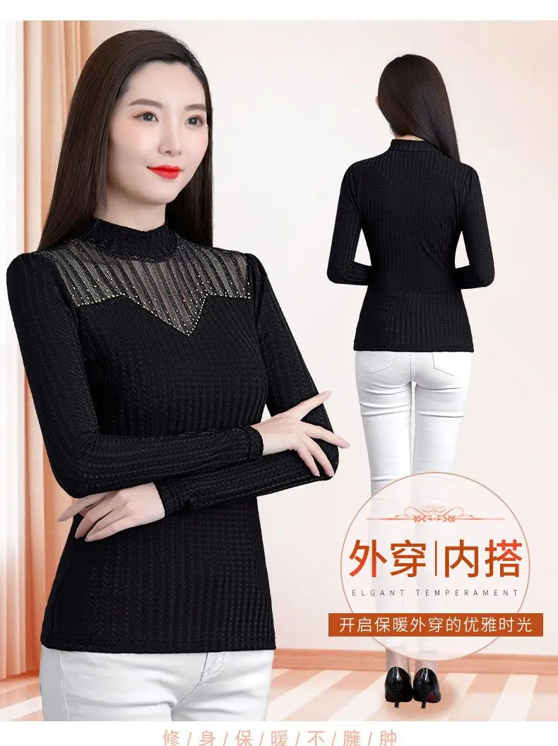 2025, Herbst und Winter, halbes Rollkragen-Basisshirt für Damen, langärmeliges, helles Seiden-T-Shirt, lässiges, lockeres Oberteil – Detail 3