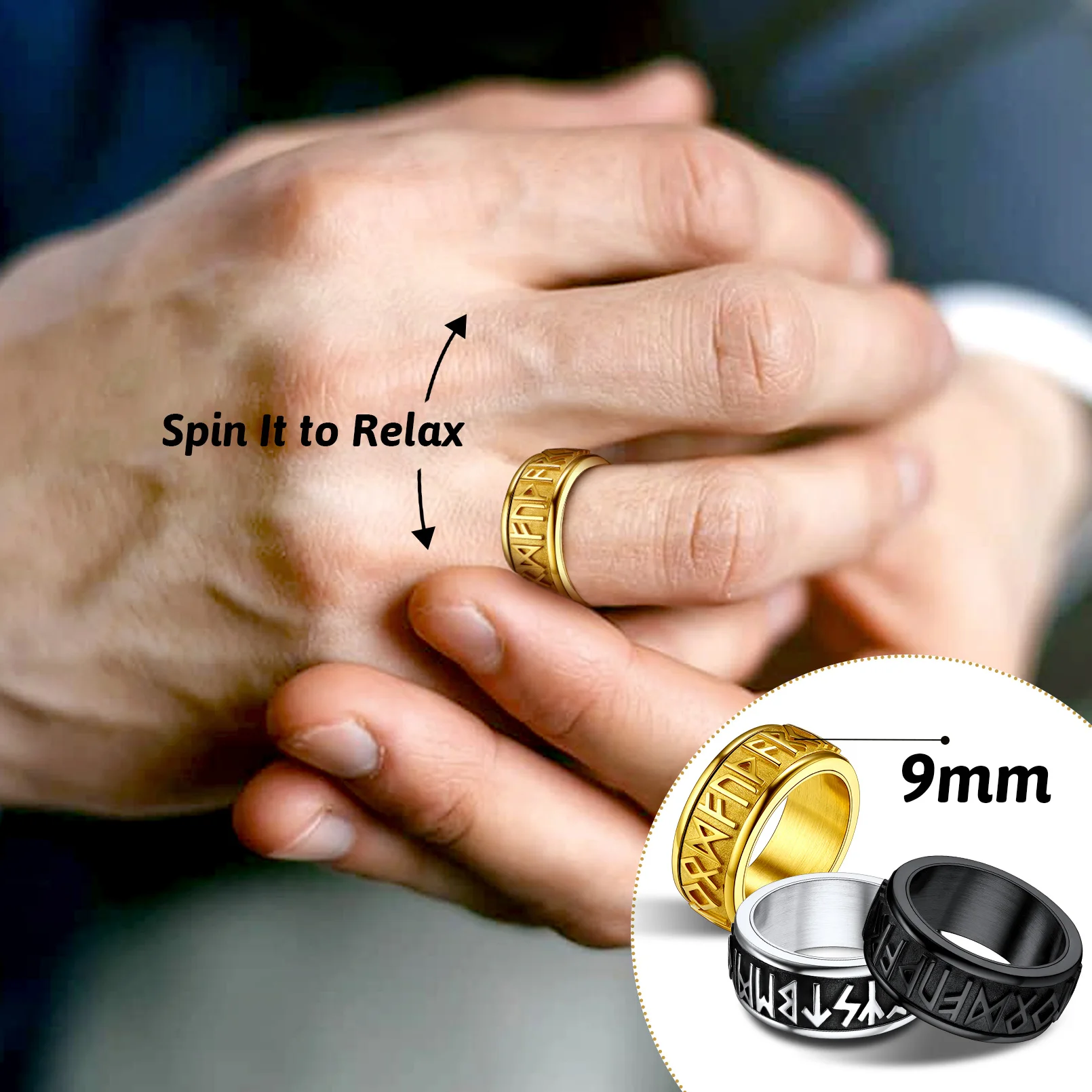 ChainsPro Men Rings Norse Viking Runes Spinner Ring Stainless Steel Rotatable Fidget Rings Anxiety Release Anti-Stress Ring