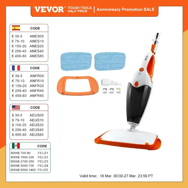 VEVOR Steam Mop Cleaner 5-in-1 High Temperature Steam Cleaner Multipurpose Floor Steam Cleaner with 4 Replaceable Brush Heads