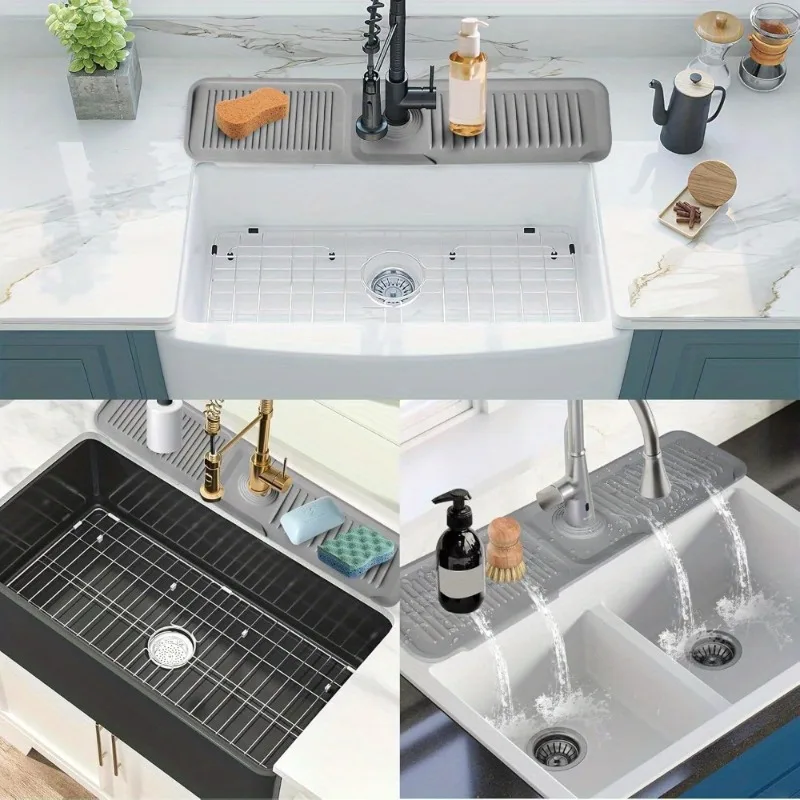 Silicone Sink Splash Guard and Drain Mat with Integrated Drip Catcher Tray for Kitchen and Bathroom Use  Countertop Protector