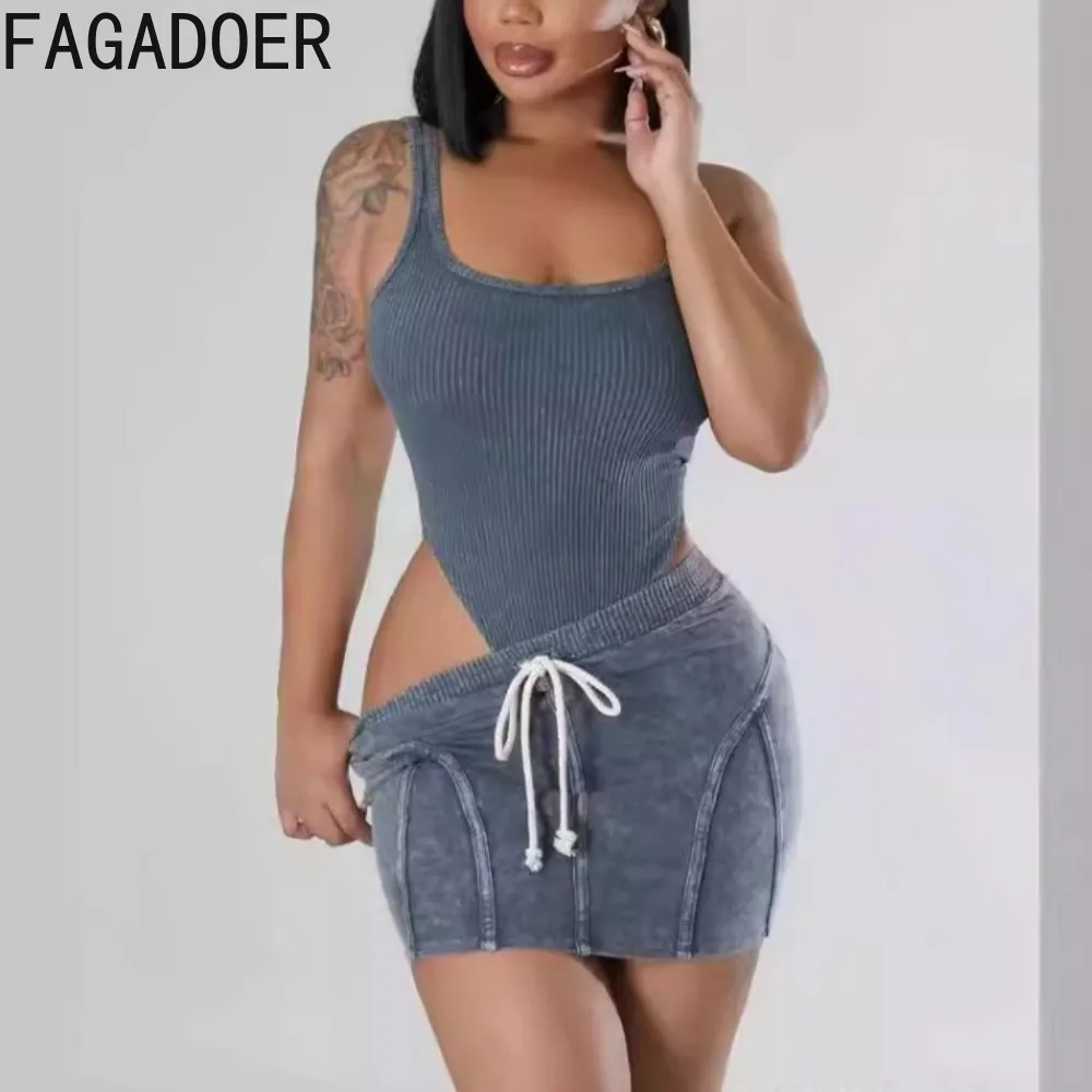 

FAGADOER Summer New Solid Ribber Mini Skirts Two Piece Sets Women O Neck Sleeveless Bodysuits And Skirts Outfits Female Clothing