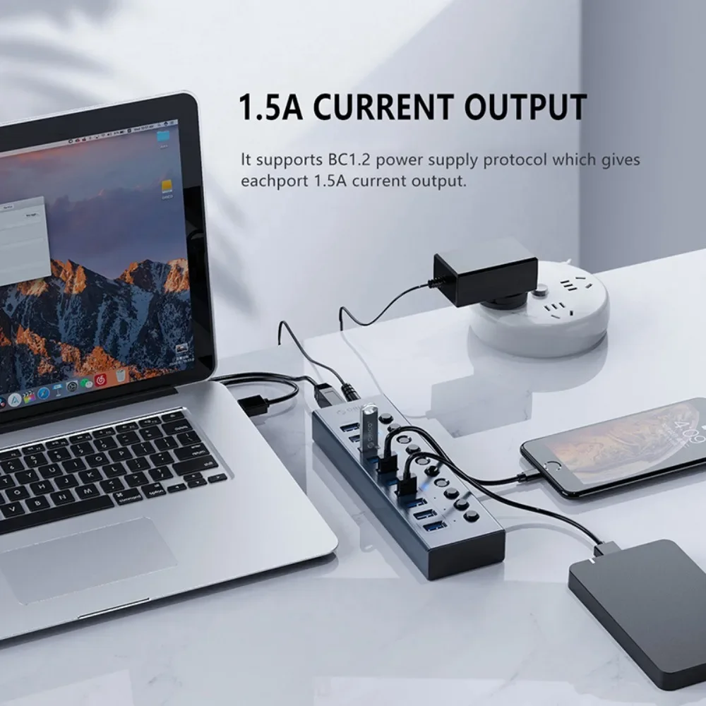 Hub Usb 3.0 Alimentado por Orico Extensão Usb de Alumínio com Interruptores Ligados e Desligados Suporte Bc1.2 Divisor de Carregamento para pc Portas 10 Portas 13 Portas 16 Portas - Imagem 5