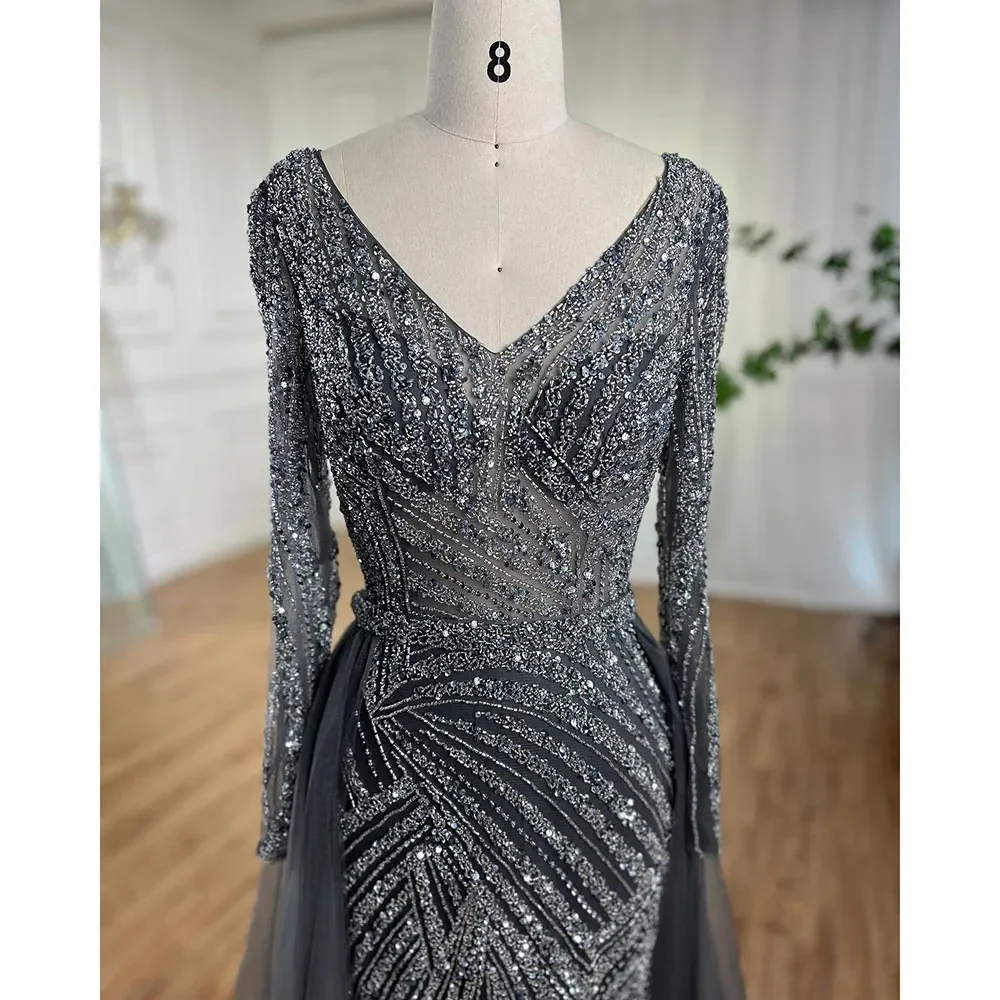 Dubai Mermaid Beaded Luxury Blue Muslim Evening Dresses Gowns with Detachable Skirt for Women Party Mallzona