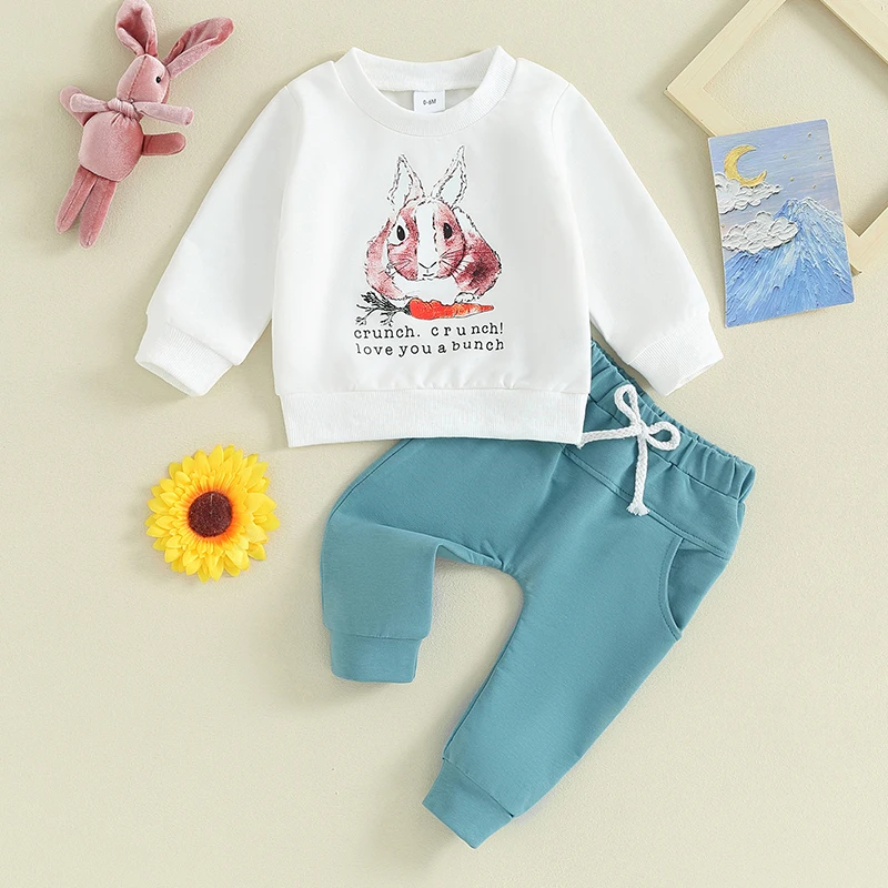 

2023-11-27 Lioraitiin 0-3Y Baby Boy Easter Outfits Bunny Print Long Sleeve Sweatshirt and Elastic Pants for Toddler Clothes