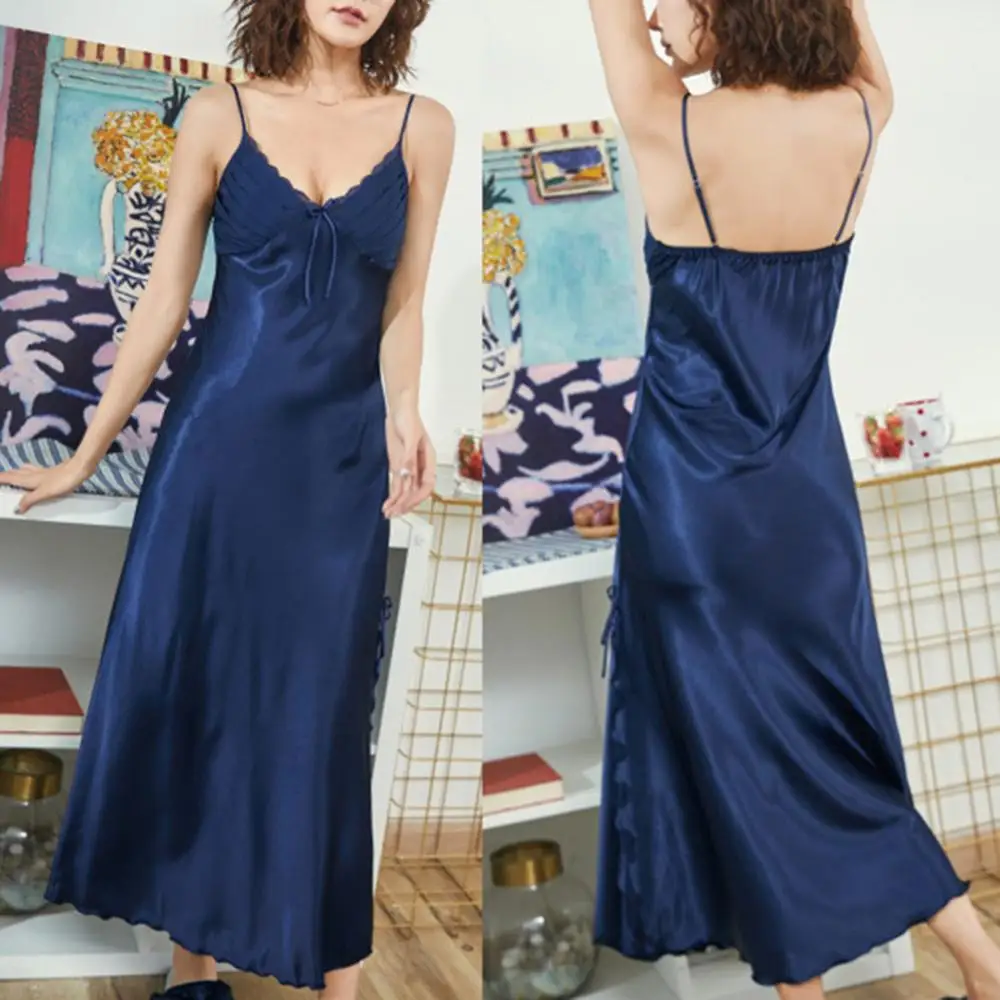 

HOTSummer Silk Pajamas Nightgown Women Pleated V Neck Sleeveless Maxi Nightdress