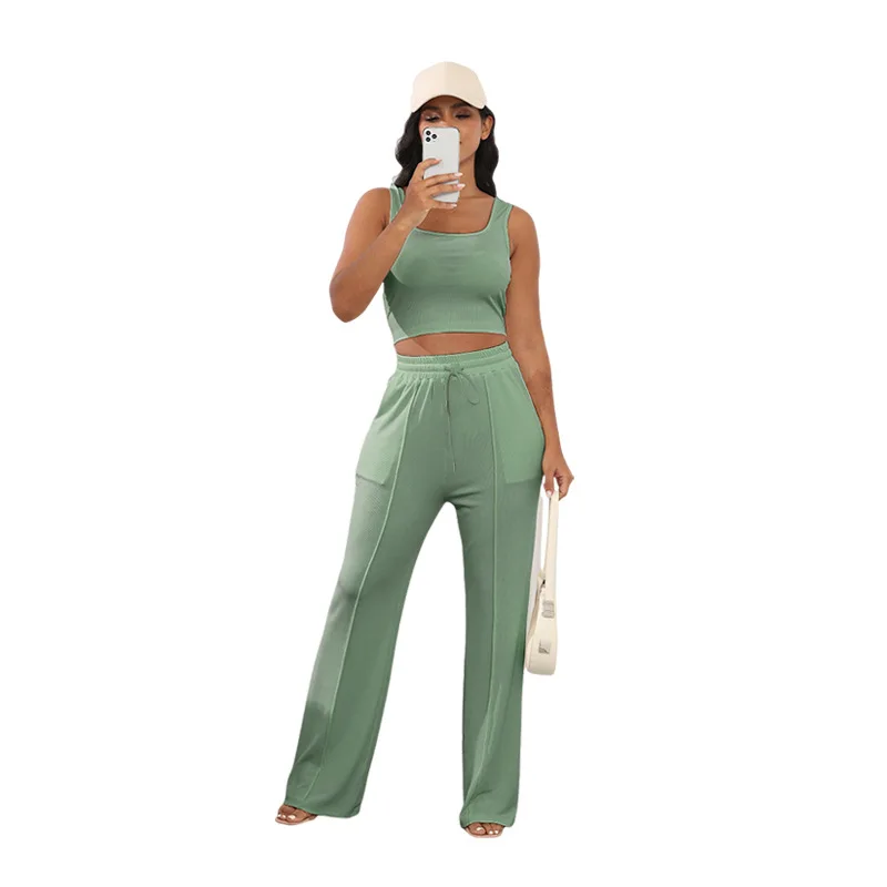 Summer New Women's Thread Knit Sleeveless Crop Top High Waist Wide Leg Pants Suit Fashion Casual Sexy Women's Two-piece Suit