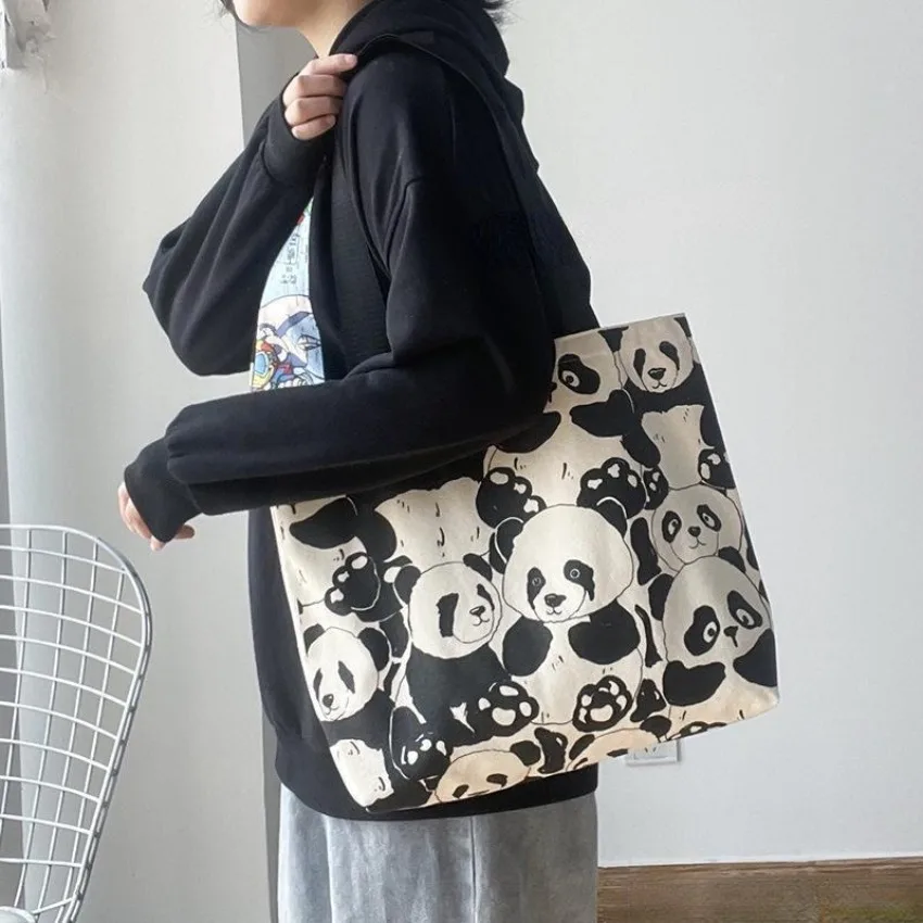 Canvas Bag Women's Shoulder Chinese Style High Capacity Zipper Canvas Bag Portable Shopping Bag Double Cute Panda Sided Printing Canvas Bag Women's Shoulder Chinese Style High Capacity Zipper Canvas Bag Portable Shopping Bag Double Cute Panda Sided Printing