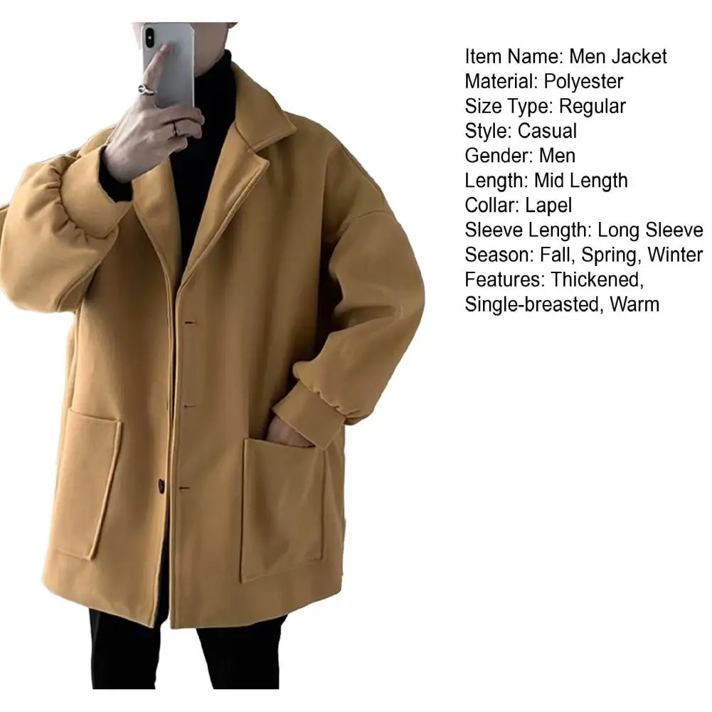 Description Picture 3 of itemMen Solid Color Jacket Casual Pants Windbreaker for Men Men's Mid-length Windproof Trench Coat with Notch Collar for Men