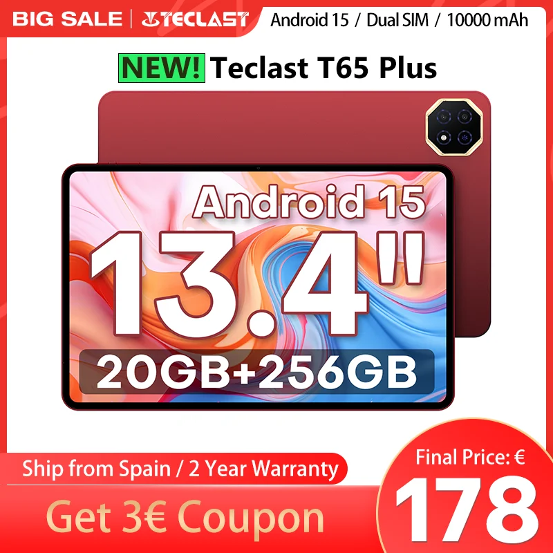 【New】2025 Teclast T65 Plus 13.4 Inch Android 15 Tablet 8 Cores Mediatek Helio G99 (8Gb+12Gb Expansion) Max. 20Gb Ram 256Gb Rom 10000Mah Battery Dual Sim 4g Lte 1920X1200 Gps Widevine L1 for Netflix