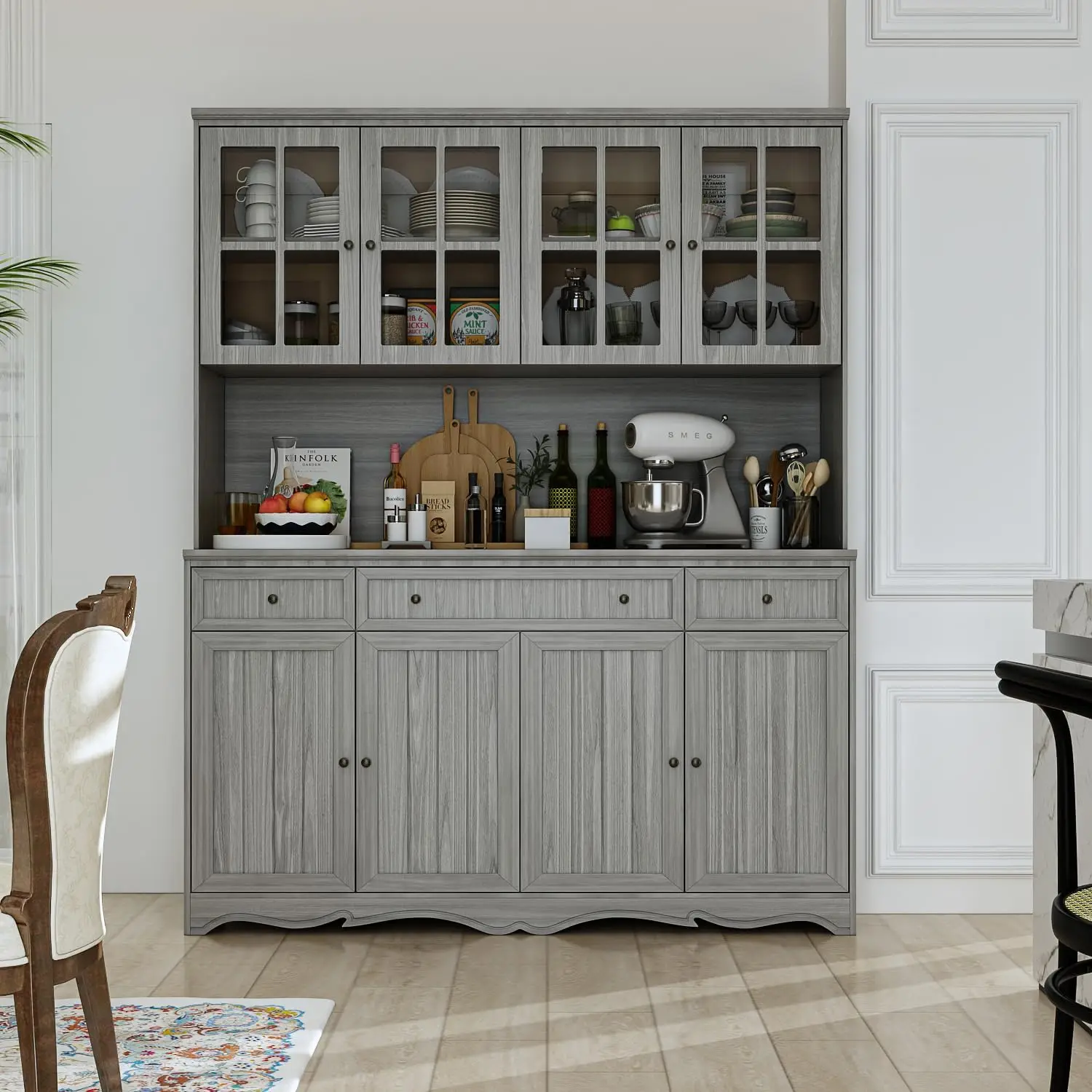75.9 Kitchen Pantry Cabinet with Glass Doors & Hutch, Large Wood Storage Cabinet with 8 Shelves & 3 Drawers