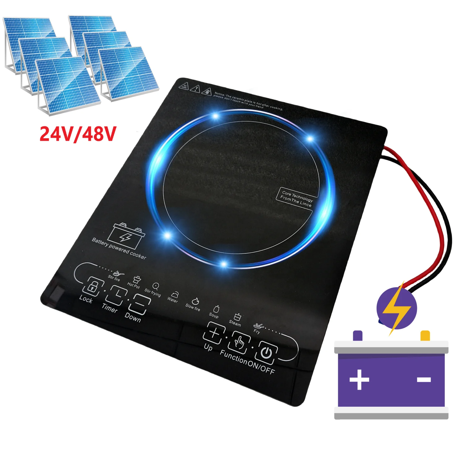 New Single Battery Powered Electric Commercial Solar DC 24V/48V Induction Cooker Smart Hot Pot Stove