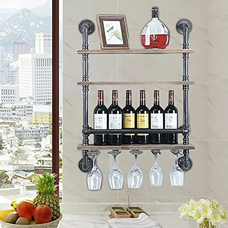 Industrial Pipe Wine Rack Wall Mounted Stem Glass Holder 3-Tiers Rustic Floating Bar Shelves Wine Shelf Bar Cabinet wine rack