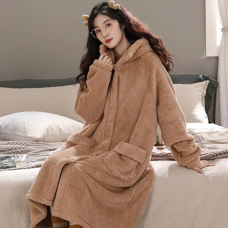 

2022 Autumn New Fashion Bathrobe Women Thickened Warm Coral Fleece Pajamas Thickened Long Nightgown Boutique Clothing