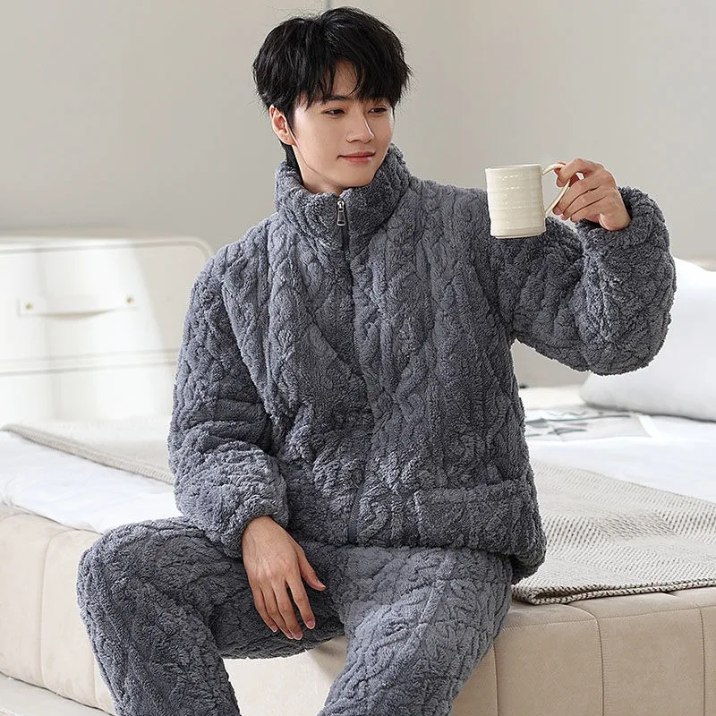 2024 New Men's Autumn Winter Thickened Sleepwear Male Coral Velvet Three-layer Padded Pajamas Flannel Fleece Warm Loungewear Set