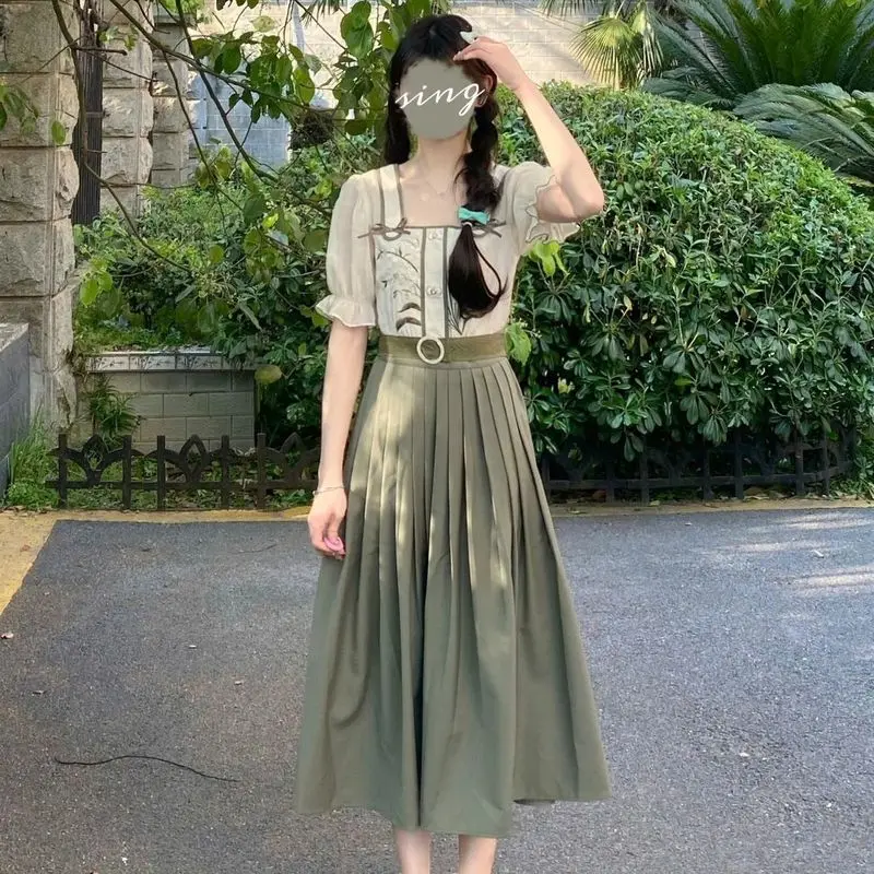 

Sweet Fresh Spliced Fake Two Piece Retro Dress Women's 2023 Summer New Sen Women's Waist Wrapped Slim A-line Midlength Dresses