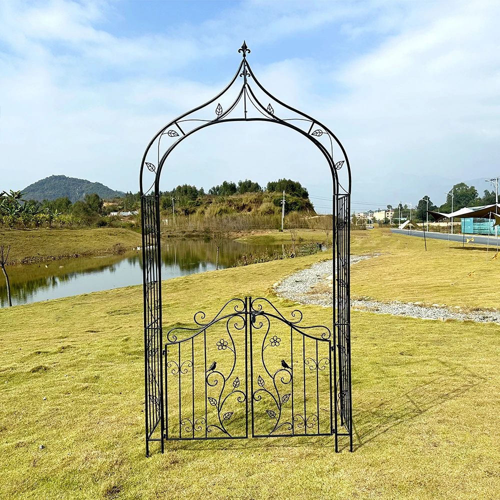 Metal Garden Arch Arbor With Gate for Various Climbing Plant in Outdoor Garden Lawn Backyard