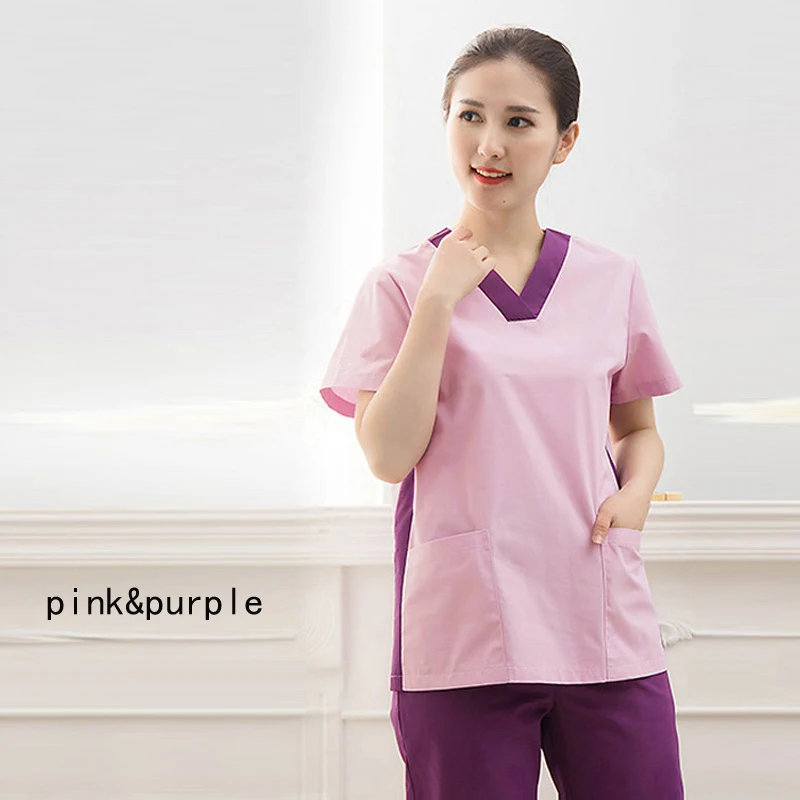 

Женская модная медицинская форма, костюм с цветным блокировкой, V-образный вырез, топ, хлопковые скраб-брюки, рабочая одежда для больниц, одежда для кормления