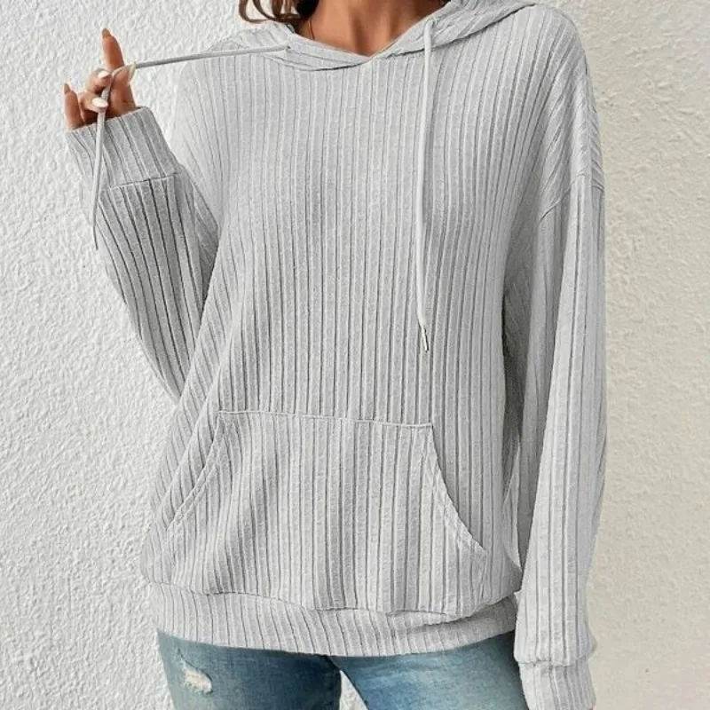 2023 Autumn New Popular Women's Clothing Long Sleeve Round Neck Sweater Hooded Kangaroo Pocket Casual Solid Polyester Tops