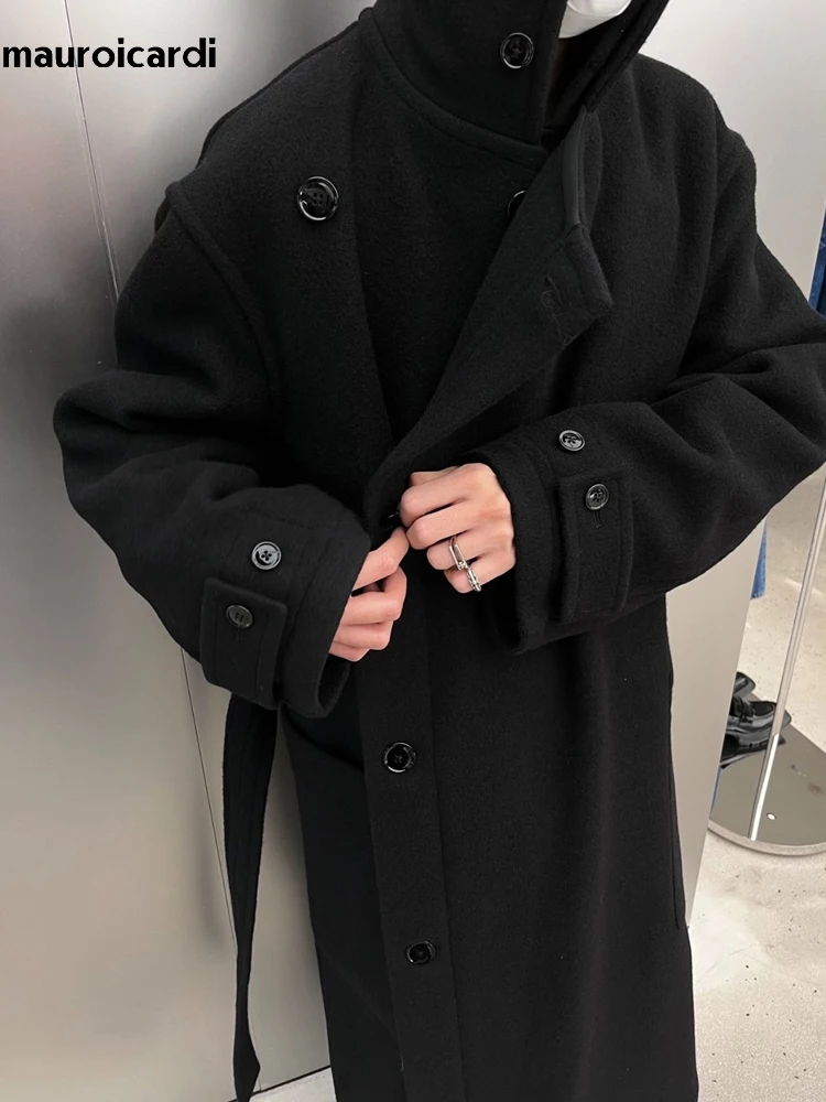 Mauroicardi Autumn Winter Oversized Long Thick Soft Warm Black Wool Blends Coat Men Luxury Designer Clothes Woolen Overcoat 2024 2