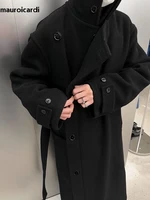 Mauroicardi Autumn Winter Oversized Long Thick Soft Warm Black Wool Blends Coat Men Luxury Designer Clothes Woolen Overcoat 2024 2