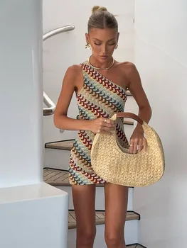 Mini abito lavorato a maglia stampato irregolare per le donne Abiti slim fit con spalla inclinata senza schienale chic 2025 Abiti da spiaggia per le vacanze estive 1