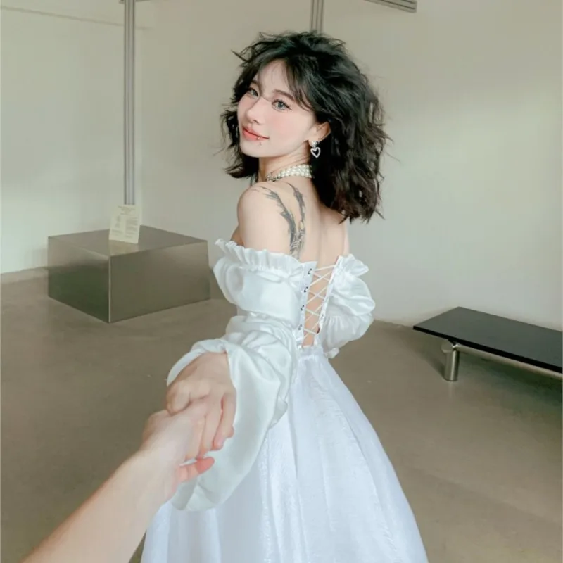 

Backless High Waist Dress Long Sleeve Sweet Elegant Stitching Solid Color Skirt