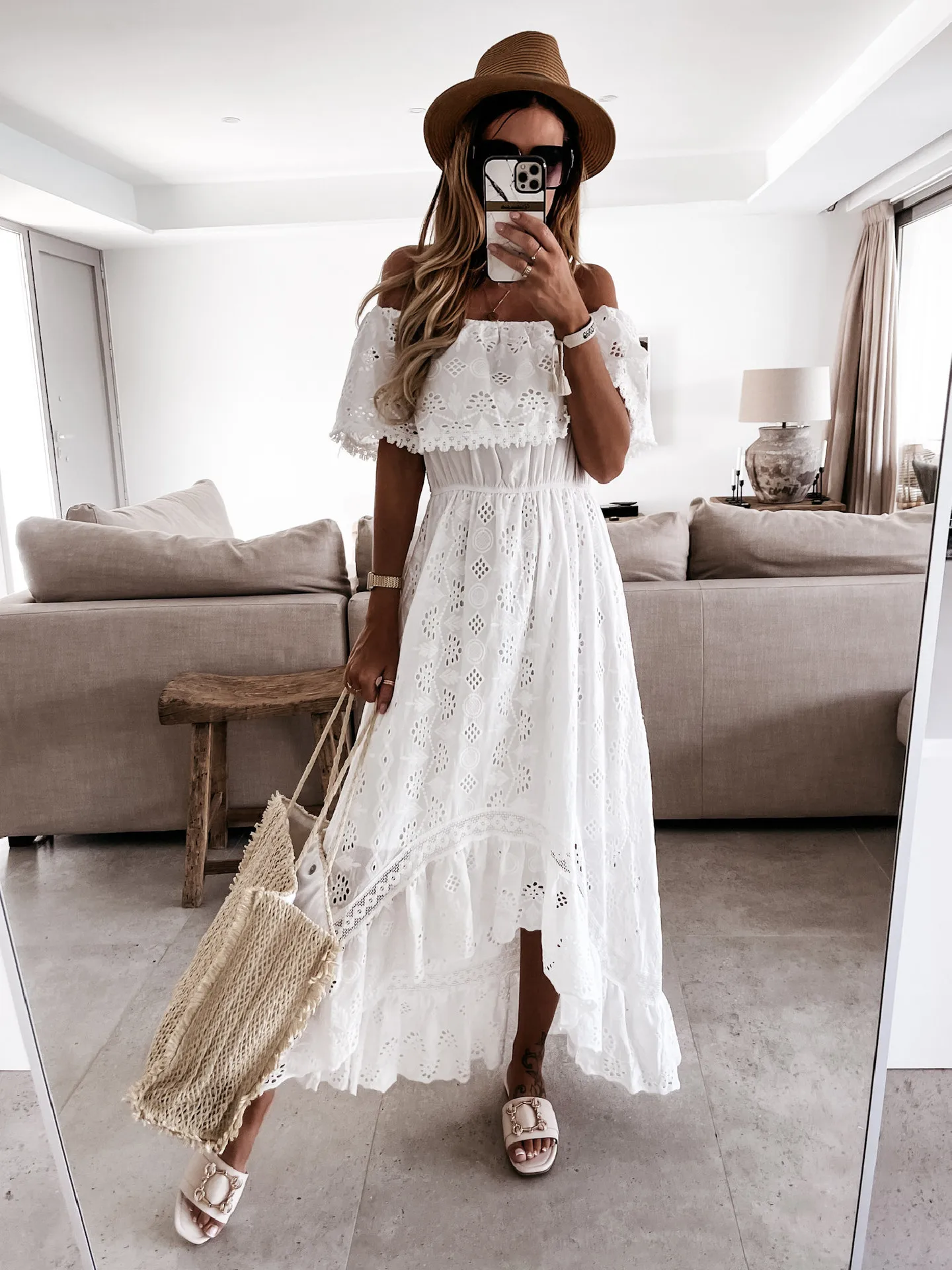 

Summer White Dress for Women 2023 Lace Hem Bohemia Short Sleeve High Waist Dress V-Neck Long Casual Ruffle Maxi Dress