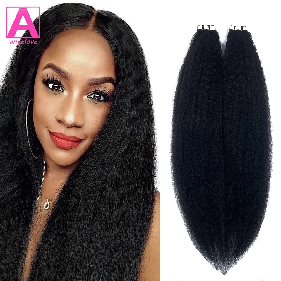 Kinky Straight Tape ins Hair Extensions 1B Natural Black Color 100