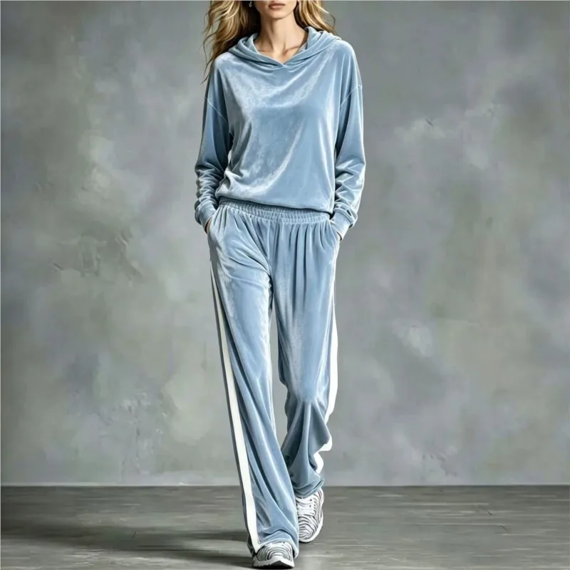 Nouvel ensemble 2 pièces en velours pour femme, sweat à capuche et pantalon décontracté, style sportif, patchwork, collection automne 2026 1 Nouvel ensemble 2 pièces en velours pour femme, sweat à capuche et pantalon décontracté, style sportif, patchwork, collection automne 2026 1