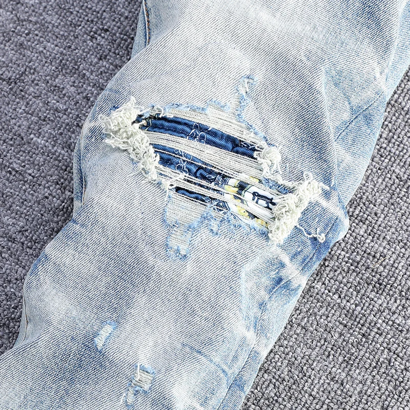 High Street Fashion Men Jeans Retro Blue Stretch Skinny Fit Ripped Jeans Men Bandana Patched Designer Hip Hop Brand Pants Hombre