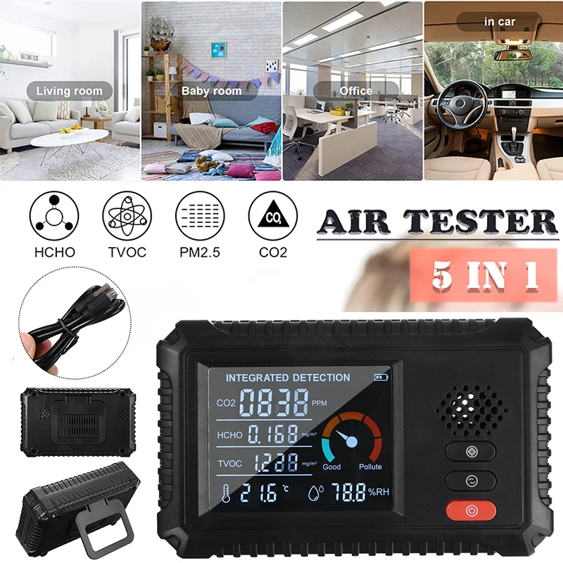 

New TVOC HCHO CO2 Formaldehyde Detector Air Quality Meter Analyzer Multifunctional 5 In1 Digital LCD Gas Meter
