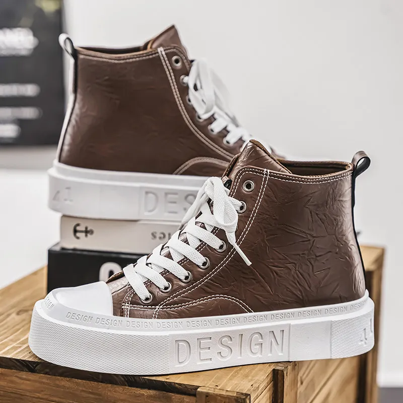 Brown Marble Men's High Top Shoes