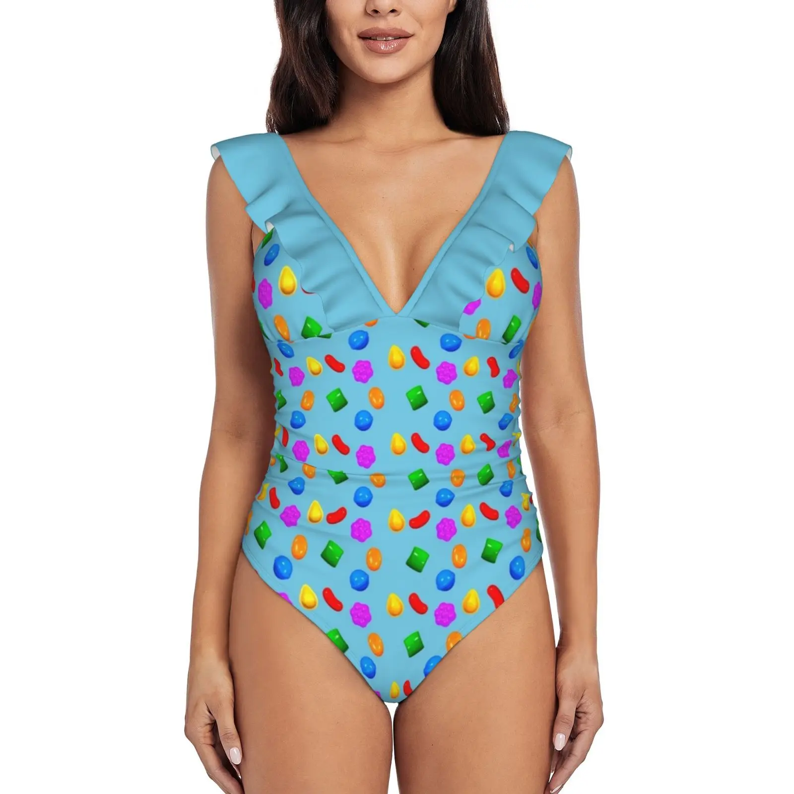 

Gotta Crush Some Candy Crush Ruffle One Piece Swimsuit Women Swimwear Push Up Monokini Sexy Print Bathing Suit Candy Candy