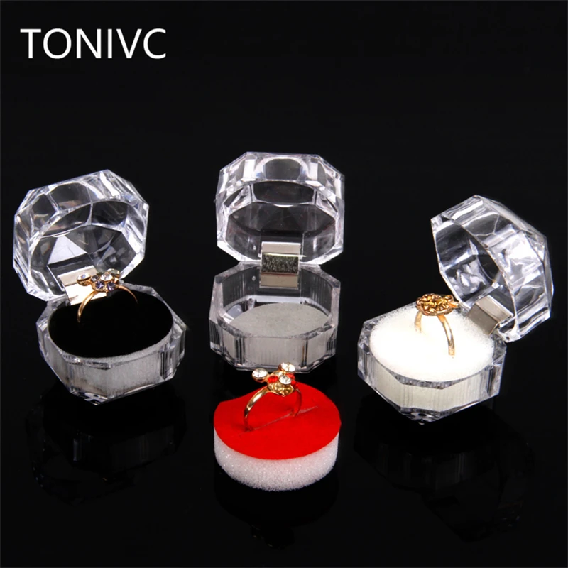 20Pcs Hot Sale Clear Plastic Ring Earring Box Wedding Gift Packing Jewelry Storage Display Box With White/Black/Red Padding clear glass crystal crown trays jewelry storage display necklace ring collection candle holder ashtrays decoration show