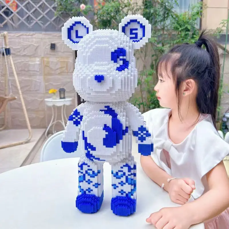 青と白の磁器のビルディングブロック,中国風,クマ,小さな粒子の