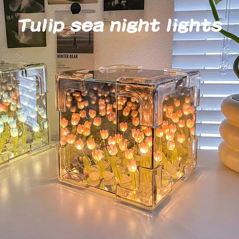 Romantic Tulip Mirror LED Night Light DIY Pink Blue Purple Atmosphere Light Acrylic Square Shape for Home Bedroom Party Decor 4