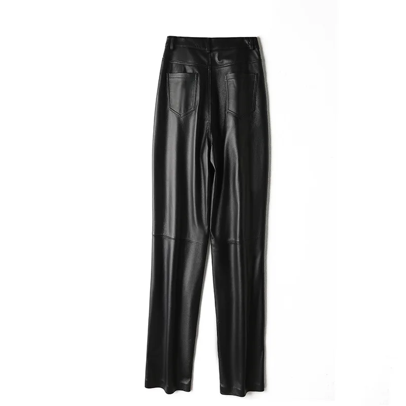 2023 New Genuine Sheepskin Leather Pants High Waist Real Sheep Leather Straight Leg Pants E72