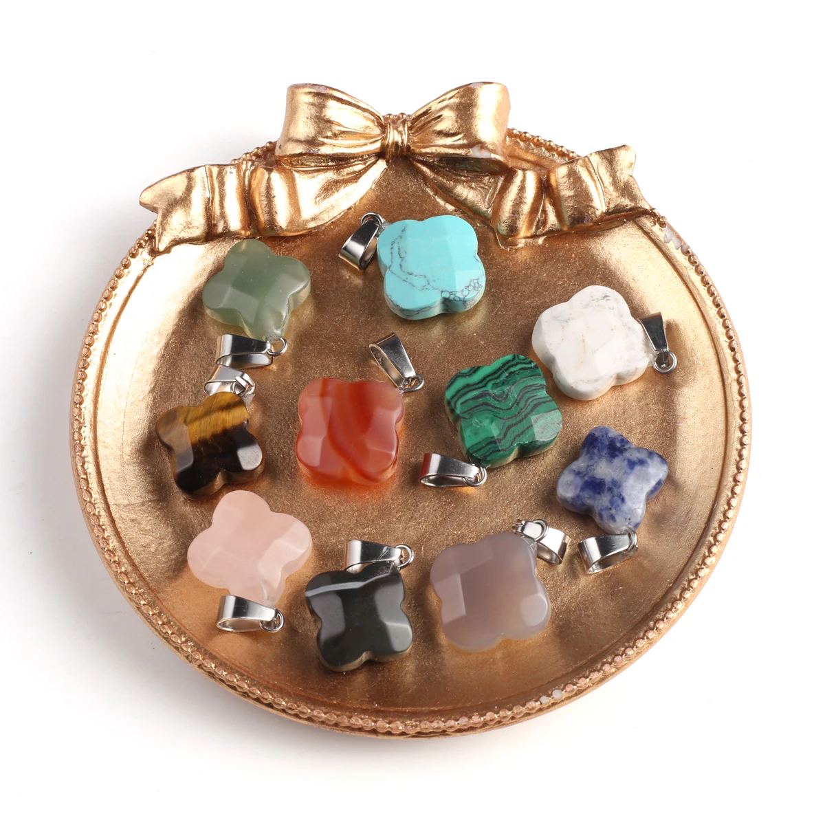 Wholesale Lucky Four-leaf Clover Shape Natural Stone Pendant Jewelry Making DIY Agate Malachite Necklace Earrings Accessories