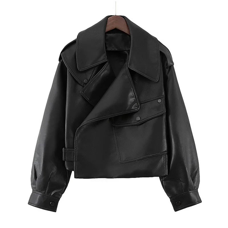 

Cross-border women's loose version type short lapel jacket coat 2023 autumn new motorcycle leather