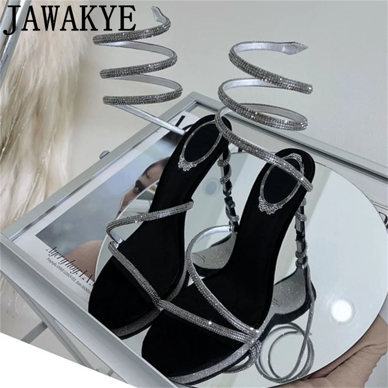 

New Summer 2022 Snake Wrap High Heels Women Sandals Square Toe Sexy Thin Heels Designer Shoes For Women Party Wedding Stilettos