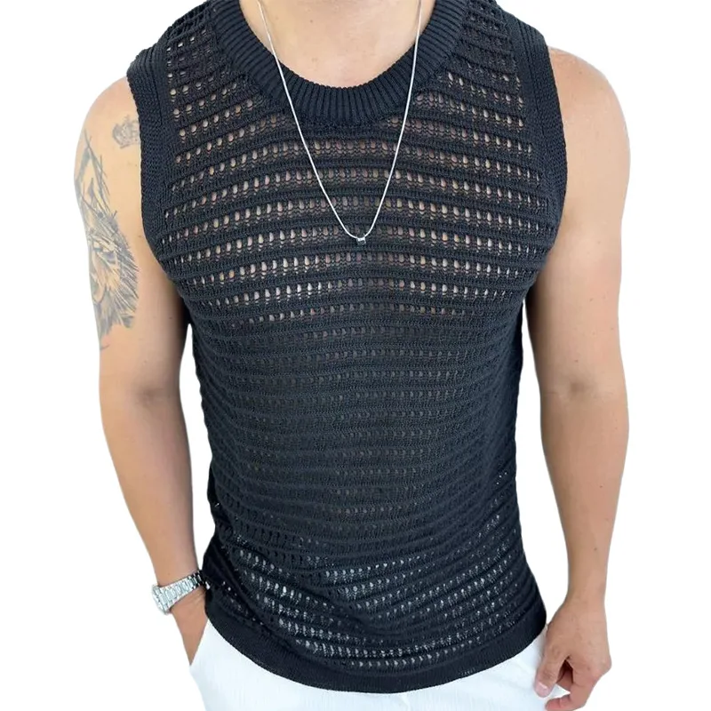 Men's Sweater Vest 2023 Summer New Breathable Solid Color Slim Sleeveless Hollow Knit Vest