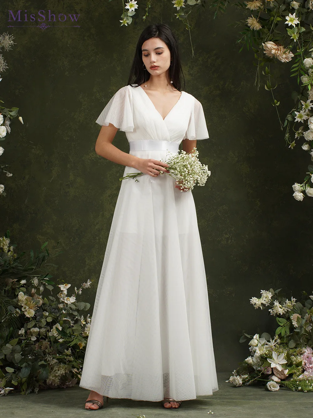 MisShow Flare Sleeve Pastrol Women Maxi Dress 2023 Cheap Wedding Dresses Bridal Gown Classic Pleated Bust Satin Sashes Female