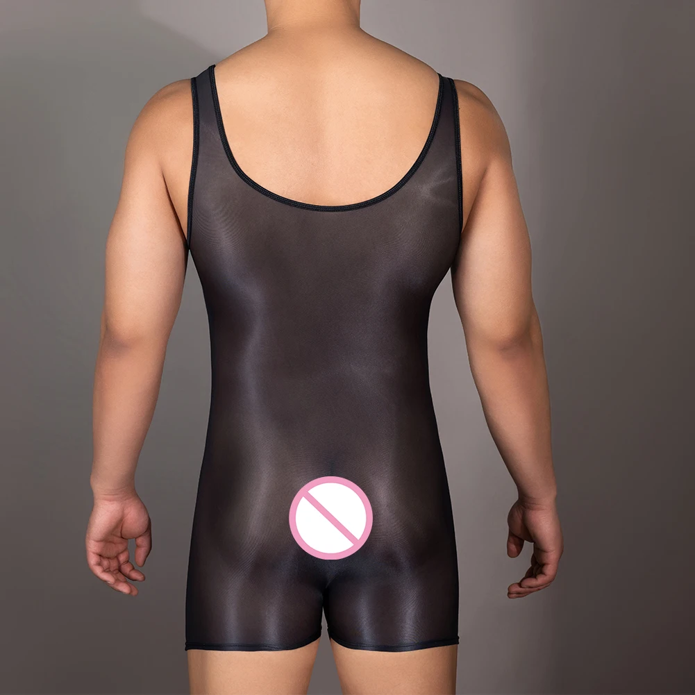 Mens Glossy Bodysuit U Convex Pouch Jumpsuit Stretchy Sheer See Through Briefs Underwear