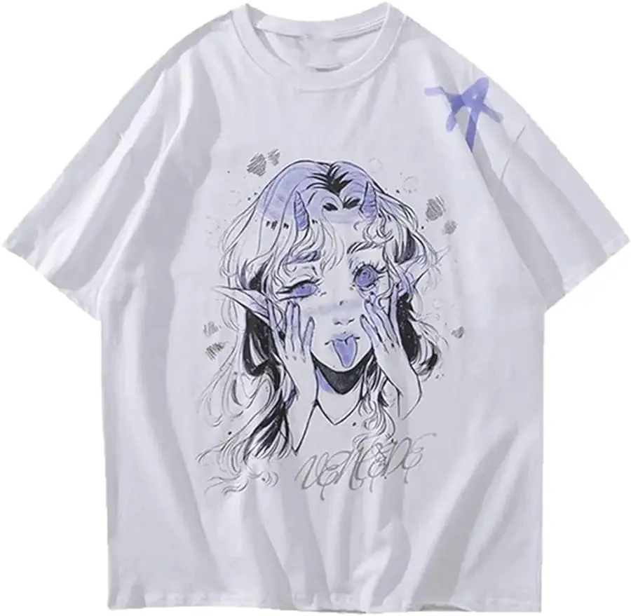 

Black Short Sleeve Tops for Teen Girls Y2K Harajuku Japanese Anime Print Summer T-Shirt