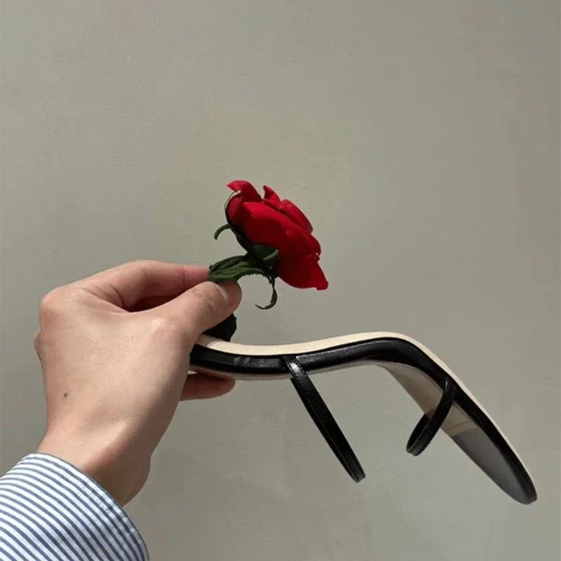 2023 Summer New Open Toe Rose Sandals Square Head High Heel Black Thin Strap Sandals Slippers Sexy Women's Fashion Slippers