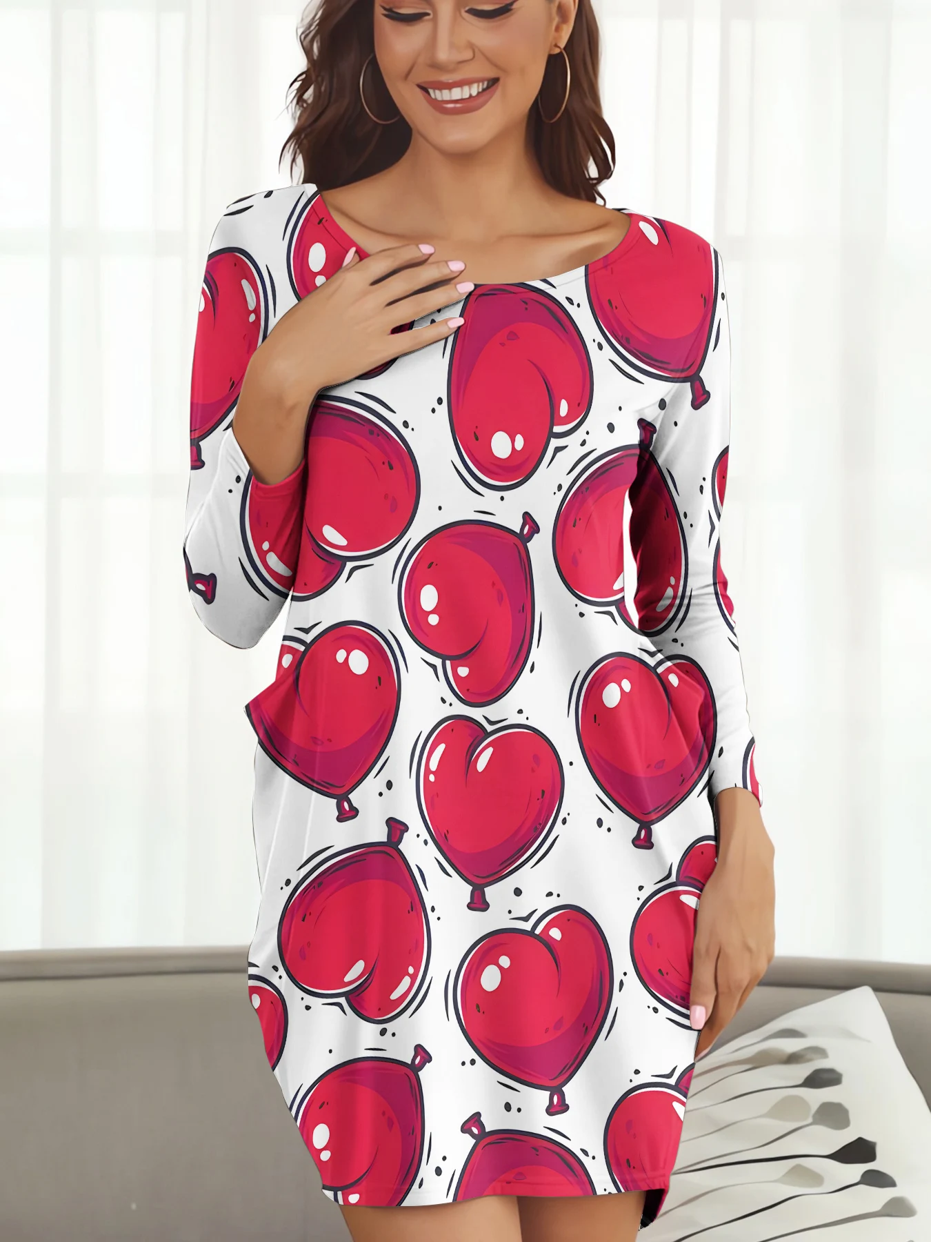 

Fashion Dresses Heart Balloon Printed Loose Daughter Skirts Female Long Sleeve Pockets Dress Women Clothing Valentine's Day Gift