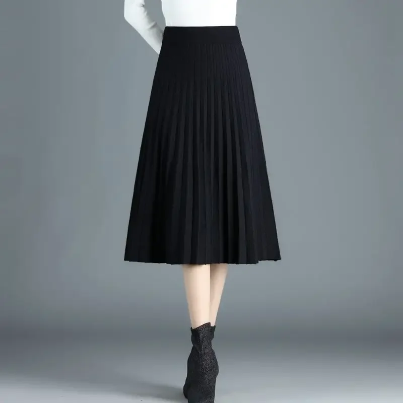 

2023 Autumn Winter A-line Skirt Women Stretchable Mid Calf Loose-fitting s for Female Knitting T809