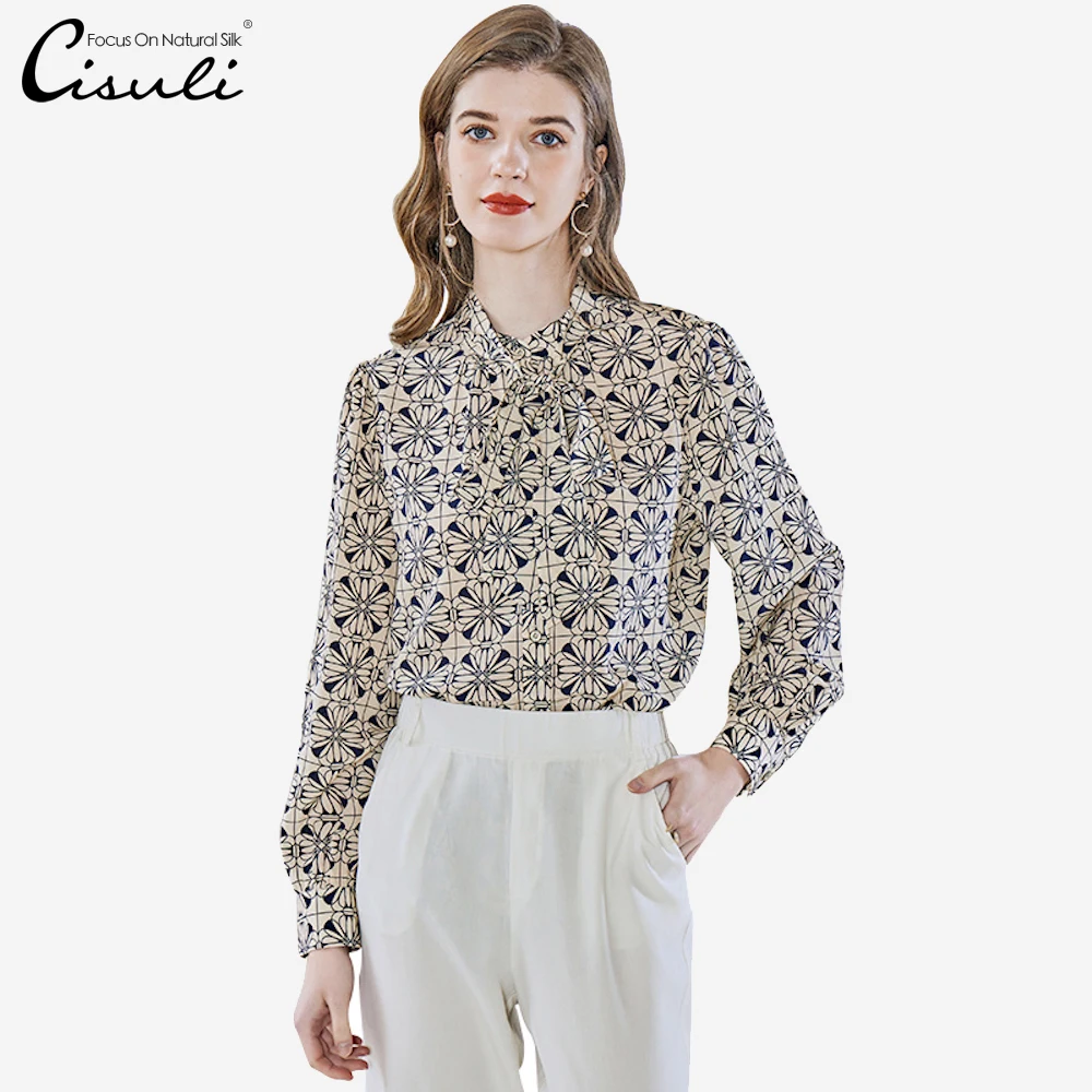 

CISULI Printed Silk Crepe Shirt 100% Mulberry Silk Stripe Pattern Blue Color Breathable Anti-allergy Wholesale